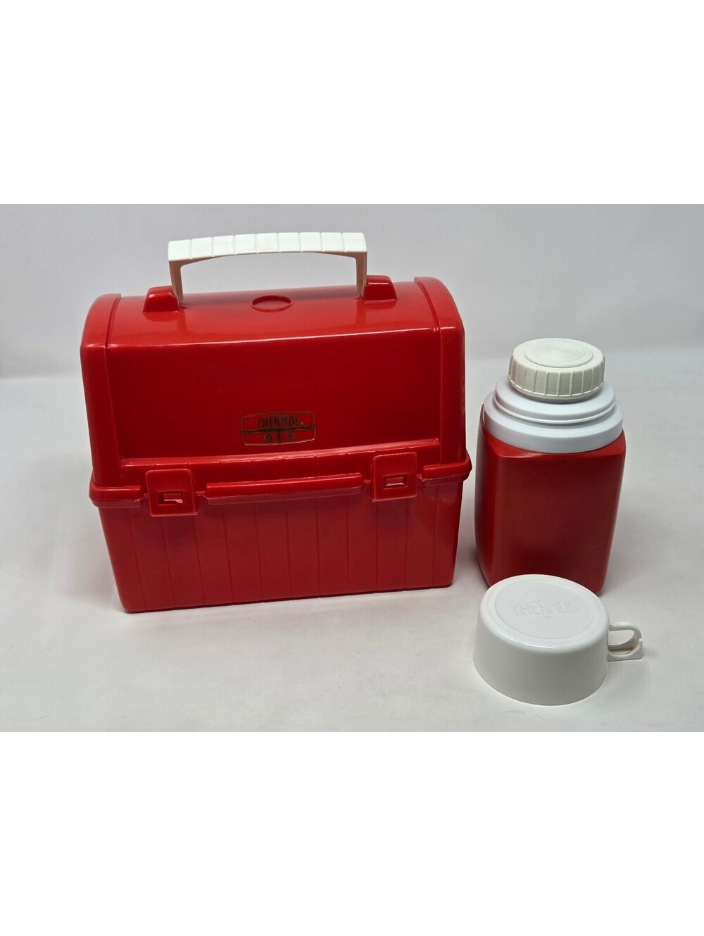 Vintage Red Thermos Plastic Tall Lunch Box Dome Top W/ Thermos EUC